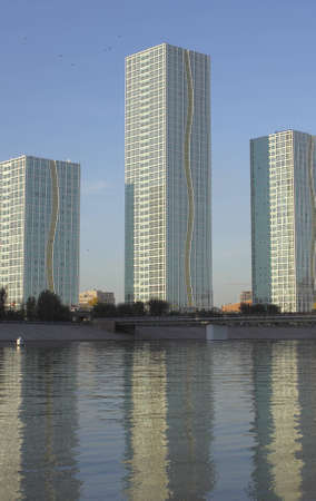 three modern buildings on the bank of Ishim. Astana. Kazakhstan.のeditorial素材