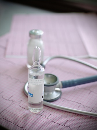 medical vials, stethoscope, ECG. Symbols of Cardiology, Medicine, Health Care.の写真素材