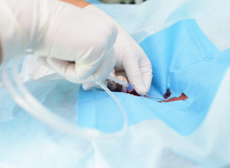 Sterile work  Doctor works with the patient wearing gloves 