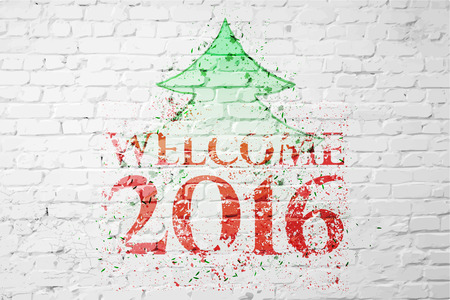 New year symbols and words welcome 2016 on a brick wallのイラスト素材