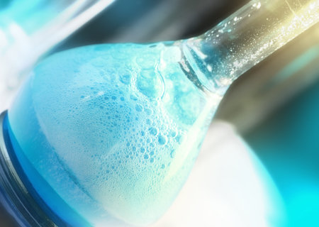 Chemical reaction in a flask macro.の写真素材