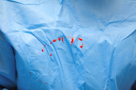 Drops of blood on the surgical drape sheet.
