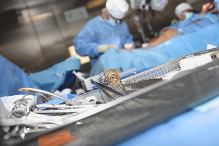 Sterile surgical tools in the dish on the background of working surgeons.