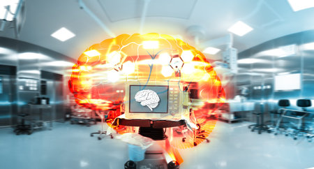 Human brain on a computer display and its enlarged color projection in a advanced equipped...