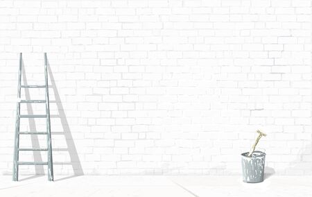 vector drawing with a stepladder and a bucket with lime on the background of an updated white brick wall. The concept of arrangement, novelty, refreshment and backdrop for your conceptual workのイラスト素材