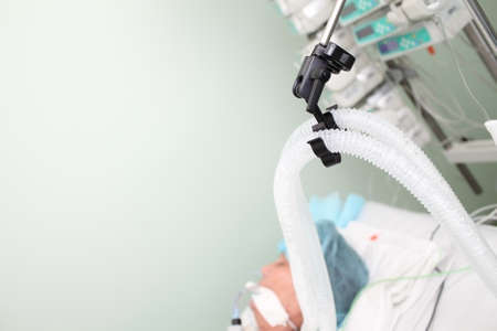 Patient breathing circuit on ventilator in a hospital wardの写真素材