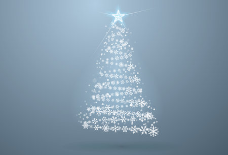 Christmas poster with christmas tree collected from snowflakes and a burning star. New Year's design. Elements for postcard, web greeting background. Festive backdrop. Elegant decoration with snow.のイラスト素材