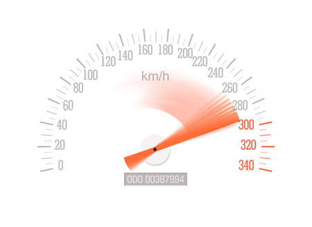 Speedometer with red arrow sweeping off-scale isolated on white background, vector.のイラスト素材