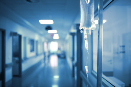 Medical dropper with medicine in hospital corridor as a scientific, abstract background