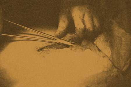 Surgeon at work. Abstract background in red tones reflecting stress, danger of responsible work