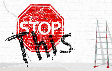 "Stop this" sign and inscription in paints on a brick wall. An abstract call to stop violence. The concept of peace and stop hostilities.のイラスト素材