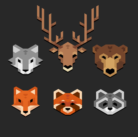 Stylized geometric animal heads wolf deer bear fox red panda raccoon in clean minimalistic style.のイラスト素材