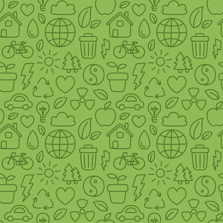 Hand drawn doodle style ecology themed seamless pattern.のイラスト素材