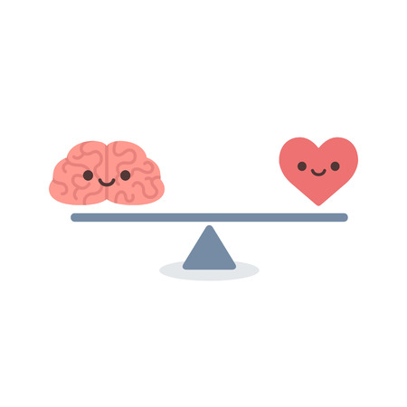 Illustration of the concept of balance between logic and emotion. Cartoon brain and heart with cute faces on a scale. Simple and modern flat vector style isolated on white background.のイラスト素材