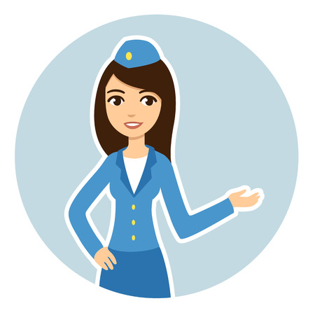 Young and pretty brunette air hostess in blue uniform in a circle.のイラスト素材