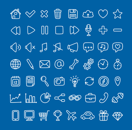 Large set of multi-purpose interface icons for web or apps: communication, media, shopping and more. Clean and minimalistic, but with a personal hand drawn feel. White thin line icons on blue background.のイラスト素材