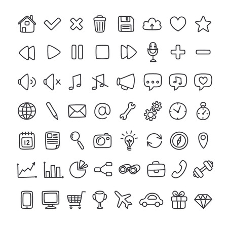 Large set of multi-purpose interface icons for web or apps: communication, media, shopping and more. Clean and minimalistic, but with a personal hand drawn feel. Thin line icons isolated on white.のイラスト素材