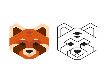 Stylized polygonal red panda heard in two variants: flat colors and black wireframe.のイラスト素材
