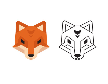 Stylized polygonal fox head in two variants: flat colors and black wireframe.のイラスト素材