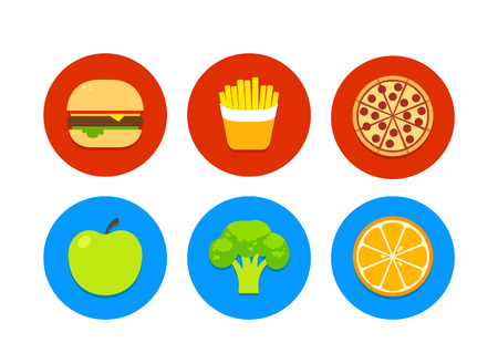 6 food icons: junk food burger french fries pizza and healthy food apple broccoli orangeのイラスト素材