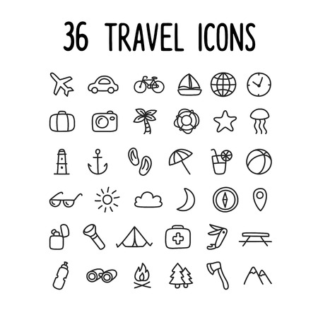 36 hand drawn doodle style travel icons: beach vacation camping modes of transportation and more.のイラスト素材
