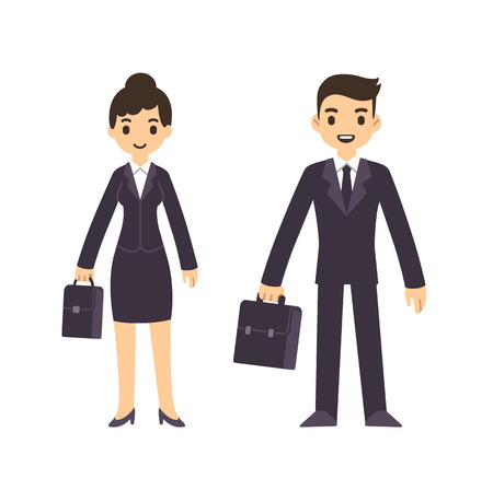 Young business people, man and woman, in cartoon style in suit with suitcase. Isolated on white background.のイラスト素材