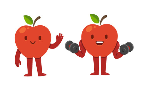 Cute cartoon apple character, symbolizing the idea of fitness and healthy diet. Two facial expressions and poses: waving and holding dumbbells.のイラスト素材