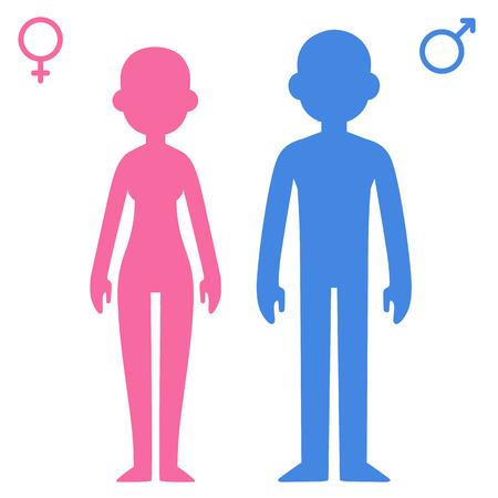 Stylized cartoon man and woman contours with corresponding gender symbols. Male silhouette colored blue and female pink.のイラスト素材