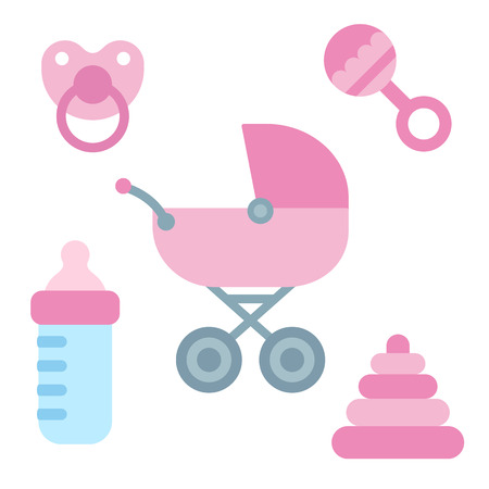 Cute cartoon newborn baby items in girly pink color: stroller, pacifier, milk bottle and toys. Baby shower design elements. のイラスト素材