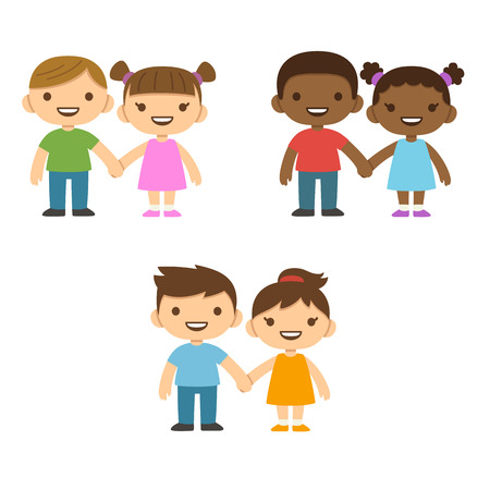 Three pairs of cute cartoon children smiling and holding hands: older boys and smaller girls. Caucasian and African American.のイラスト素材