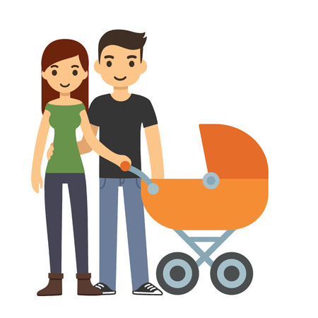 Cute cartoon young couple with a baby in a stroller, isolated on white background.のイラスト素材