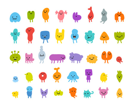 Set of cute little cartoon monsters with different shapes, colors and facial expressions.のイラスト素材