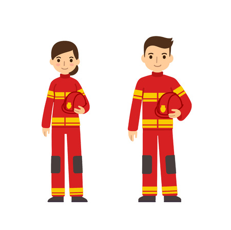 Two young firefighters, man and woman, in cute flat cartoon style. Isolated on white background.のイラスト素材