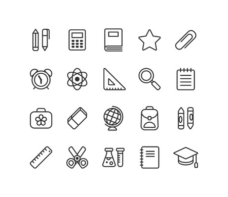 Set of school and education line icons: stationery, learning and science symbols and various school supplies.のイラスト素材