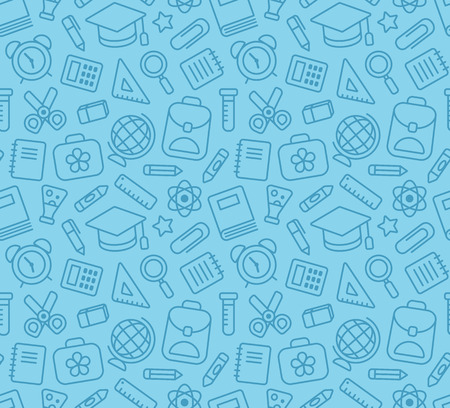 Seamless pattern of school and education related symbols: stationery, learning and science metaphors and various school supplies.のイラスト素材