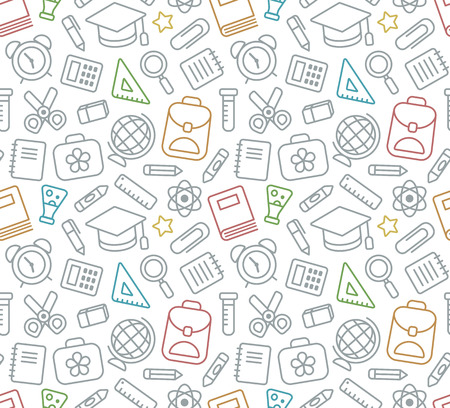 Seamless pattern of school and education related symbols: stationery, learning and science metaphors and various school supplies.のイラスト素材