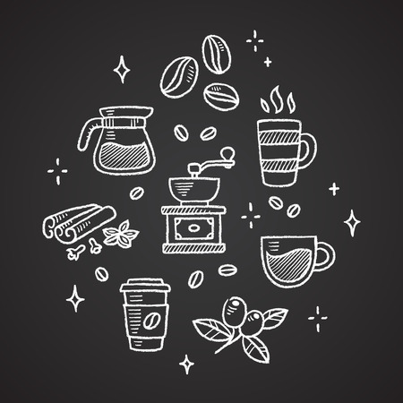 Set of chalk coffee doodles. Beans, cups, spices and more.のイラスト素材