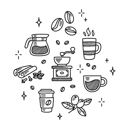 Set of hand drawn coffee doodles. Beans, cups, spices and more, isolated on white background.のイラスト素材