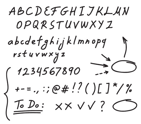 Hand drawn black marker set of alphabet letters, numbers and punctuation, along with a few doodles: arrows, circles and other symbols. Messy and quick handwriting.のイラスト素材