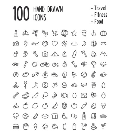Large set of 100 multi-purpose icons for web or apps: travel, sport, health, food and more. Clean and minimalistic, but with a personal hand drawn feel. Thin line icons isolated on white.のイラスト素材