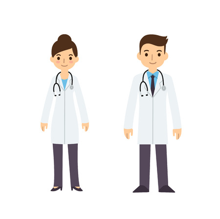 Two young doctors, man and woman, in cute flat cartoon style. Isolated on white background.のイラスト素材
