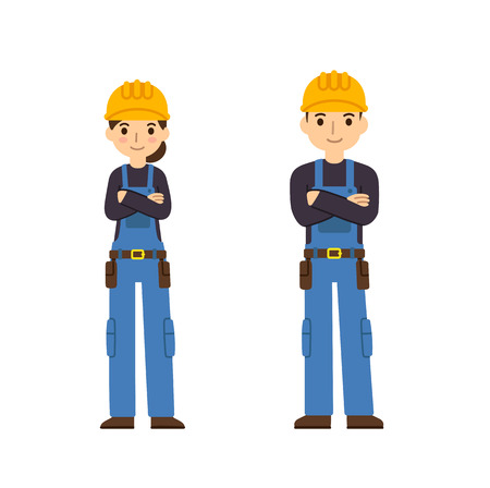 Two young construction workers, male and female, in cute flat cartoon style. Isolated on white background.のイラスト素材