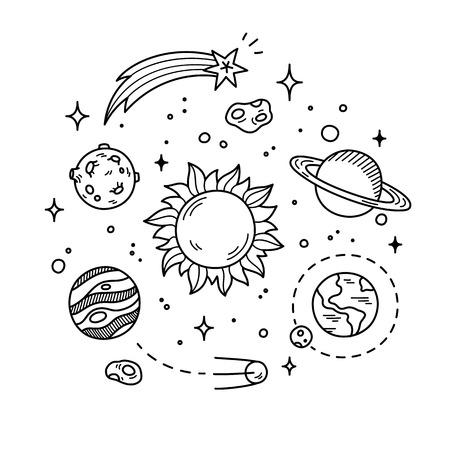 Hand drawn solar system with sun, planets, asteroids and other outer space objects. Cute and decorative doodle style line art.