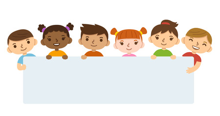Cute cartoon diverse children holding blank text banner.のイラスト素材