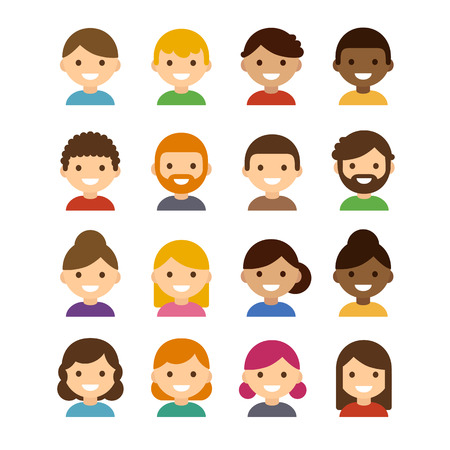 Set of diverse male and female avatars isolated on white background. Different skin tones, hair colors and styles. Cute and simple flat cartoon style.