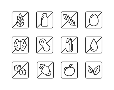 Set of square ingredient warning label icons. Common allergens (gluten, dairy, soy, egg, nuts and more), sugar and grains, vegetarian and organic symbols.のイラスト素材