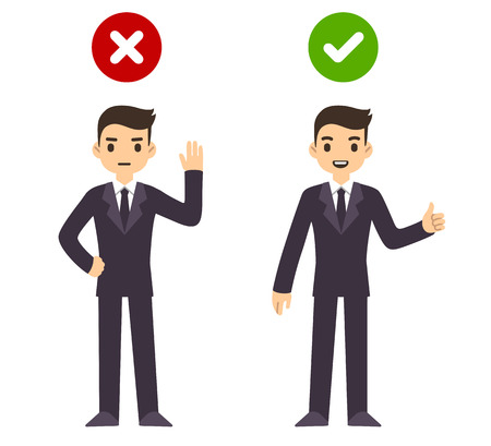 Cartoon business man gesturing yes and no with wrong and right web icons. Isolated on white background.のイラスト素材