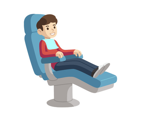 Cute cartoon child on dental checkup smiling in chair.のイラスト素材