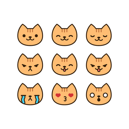 Set of cute cat emoticons with different expressions in simple cartoon style.のイラスト素材