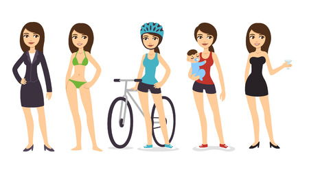 Young  girl in different clothes and situations: work, vacation, sport, party. Isolated on white background.のイラスト素材